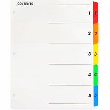 Business Source Table of Content Quick Index Dividers Printed Tab(s) - Digit - 1-5 - 5 Tab(s)/Set - 8.5" Divider Width x 11" Divider Length - 3 Hole Punched - Multicolor Mylar Divider - Multicolor Mylar Tab(s) - 5 / Set