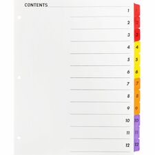 Business Source Table of Content Quick Index Dividers Printed Tab(s) - Digit - 1-12 - 12 Tab(s)/Set - 8.5" Divider Width x 11" Divider Length - 3 Hole Punched - Multicolor Divider - Multicolor Mylar Tab(s) - 12 / Set