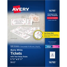 Avery&reg; Blank Printable Perforated Raffle Tickets - Tear-Away Stubs Matte White - 500 / Pack