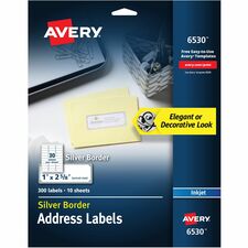 Avery&reg; Easy Peel Address Label 1" Width x 2 5/8" Length - Permanent Adhesive - Rectangle - Inkjet - White, Silver - Paper - 30 / Sheet - 10 Total Sheets - 300 Total Label(s) - 300 / Pack