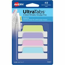 Avery&reg; UltraTabs Repositionable Margin Tabs 48 Tab(s) - 1" Tab Height x 2.50" Tab Width - Clear Film, Pastel Blue Paper, Pastel Pink, Pastel Purple, Pastel Green Tab(s) - 48 / Pack