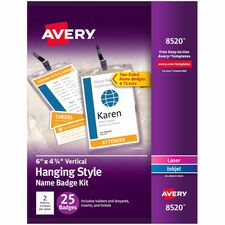 Avery&reg; Vertical Name Badges with Tickets Kit for Laser and Inkjet Printers, 4-1/4" x 6" White, Black - 25 / Pack