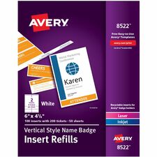 Avery&reg; Vertical Name Badge and Ticket Insertsfor Laser and Inkjet Printers Print/Message - "Vertical, Portrait - 4.3" Width x 6" Height - Rectangular Shape - Double Sided - Micro Perforated, Printable, Insertable, Printable, Easy to Use, Laminated, Mi