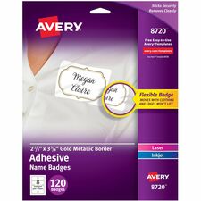 Avery&reg; Self-Adhesive Removable Name Tag Labels with Gold Metallic Border 2.3" Width x 3.4" Height - 2.33" Holding Width x 3.38" Holding Height - Rectangular Shape - Flexible, Self-adhesive, Removable, Printable, PVC-free, Durable - Meeting - White, Go
