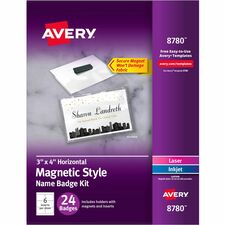 Avery&reg; Secure Magnetic Name Badges with Durable Plastic Holders and Heavy-duty Magnets 4" Width - Rectangular Shape - Pocket - Micro Perforated, Insertable, Magnetic, Durable, Reusable, Easy to Use, Laminated, Printable, Heavy Duty - Polyvinyl Chlorid