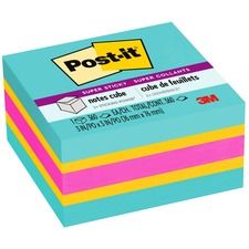 Post-it&reg; Super Sticky Notes Cube 3" Flag/Note Width x 3" Flag/Note Length - Square - 360 Sheets per Pad - Aqua Splash, Sunnyside, Power Pink - Paper - Sticky, Recyclable - 1 Pack