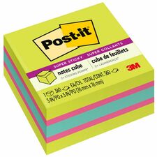 Post-it&reg; Super Sticky Notes Cube 3" Flag/Note Width x 3" Flag/Note Length - Square - 360 Sheets per Pad - Guava, Acid Lime, Aqua Splash - Paper - Sticky, Recyclable - 1 Pack