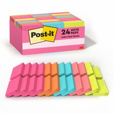 Post-it&reg; Notes Value Pack 1 1/2" Flag/Note Width x 2" Flag/Note Length - Rectangle - 100 Sheets per Pad - Power Pink, Acid Lime, Aqua Splash, Vital Orange, Guava - Self-stick, Recyclable - 24 / Pack