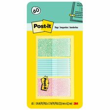 Post-it&reg; Printed Flags 60 x Assorted Pastel - 1" Flag/Note Width x 1 3/4" Flag/Note Length - 30 Sheets per Pad - Green, Blue, Pink - Self-adhesive, Sticky, Removable, Writable - Dispenser Included - 60 / Pack