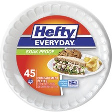 Hefty Everyday 8-7/8" 3-Compartment Foam Plates Disposable - 8.9" Diameter - White - 45 / Pack