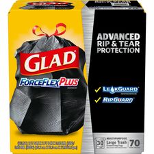 Glad Large Drawstring Trash Bags - ForceFlexPlus 30 gal Capacity - 1.05 mil (27 Micron) Thickness - Drawstring Closure - Black - Kitchen, Outdoor, Commercial, Office - 70/Box - 78 / Bundle