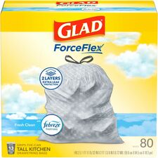 Glad ForceFlex Tall Kitchen Drawstring Trash Bags Fresh Clean with Febreze Freshness - 13 gal Capacity - 0.78 mil (20 Micron) Thickness - Drawstring Closure - White - Kitchen, Home, Office, Garbage, Breakroom, Cafeteria, School, Restaurant, Commercial - 8