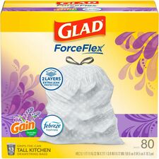 Glad ForceFlex Tall Kitchen Drawstring Trash Bags Gain Lavender with Febreze Freshness - 13 gal Capacity - 27.36" Length x 24.02" Width x 0.78 mil (20 Micron) Thickness - Drawstring Closure - White - Kitchen, Garbage, Office - 80/Box - 120 / Bundle