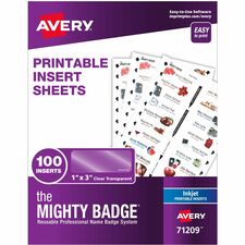 The Mighty Badge&reg; by Avery&reg; The Mighty Badge Printable Insert Sheets, 100 Clear Inserts, Inkjet Printable, Non-adhesive, Reusable, Easy Peel - Clear - 100 / Pack