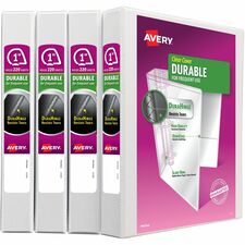 Avery&reg; Durable View 3 Ring Binders, 1" Slant Rings, 4 White Binders (17575) 1" Binder Capacity - Letter - 8 1/2" x 11" Sheet Size - 250 Sheet Capacity - 250 Ring(s) - Fastener(s): Slant Ring - Pocket(s): 2 - Polypropylene - Adhesive, Durable, Flexible
