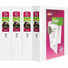 Avery&reg; Durable View 3 Ring Binders, 1.5" Slant Rings, 4 White Binders (17576) 1 1/2" Binder Capacity - Letter - 8 1/2" x 11" Sheet Size - 375 Sheet Capacity - 375 Ring(s) - Fastener(s): Slant Ring - Pocket(s): 2 - Polypropylene - Adhesive, Durable, Fl