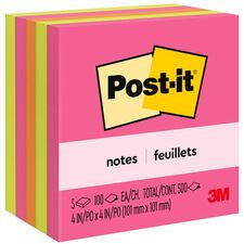 Post-it&reg; Notes - Poptimistic Color Collection 4" Flag/Note Width x 4" Flag/Note Length - Square - 100 Sheets per Pad - Fuchsia, Neon Green, Neon Orange - Repositionable, Self-adhesive - 5 / Pack