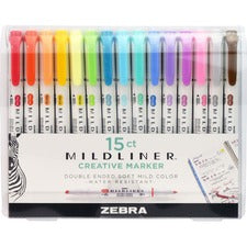Zebra Pen MILDLINER Dual Ended Creative Marker Fine Chisel, Bullet Marker Point - Assorted Ink - White Barrel - 15 / Pack
