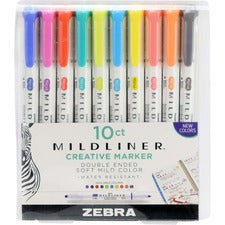 Zebra Pen MILDLINER Dual Ended Creative Marker Fine Chisel, Bullet Marker Point - Assorted Ink - White Barrel - 10 / Pack