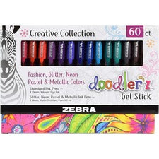 Zebra Pen Doodler'z Gel Stick Pens 1 mm Bold Needle Pen Point - Metallic, Neon, Assorted Ink - Water Based, Dye-based, Pigment-based - Translucent Barrel - 60 / Pack
