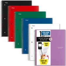 Mead Five Star Subject Spiral Notebook 1 Subject(s) - 100 Sheets - Wire Bound - 3 Hole(s) - 11" x 8 1/2" Sheet Size - 3" Height x 10" Width x 11" Length - Assorted Plastic, Paperboard Cover - Dual-pocket Divider, Water Resistant, Durable, Bleed Resistant,