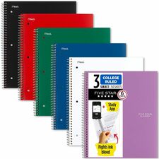 Mead Five Star Subject Spiral Notebook 3 Subject(s) - 150 Sheets - 300 Pages - Wire Bound - 3 Hole(s) - 11" x 8 1/2" Sheet Size - Assorted Plastic, Paperboard Cover - Water Resistant, Bleed Resistant, Perforated, Spiral Lock, Storage Pocket, Dual-pocket D