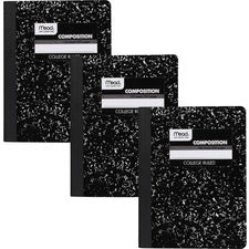 Mead College Ruled Comp Book 100 Sheets - Sewn - 9 3/4" x 7 1/2" Sheet Size - 9" Height x 7" Width x 0.5" Length - White Paper - Black Marble Cover - Multiplication Table, Conversion Table, Sturdy Cover, Class Schedule - 3 / Pack