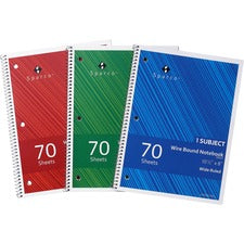Sparco Wide Ruled Wire-bound Notebook Wire Bound - 3 Hole(s) - 0.25" Height x 8" Width x 10.5" Length - Stiff-cover, Stiff-back, Perforated - 3 / Pack