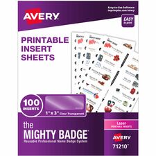 The Mighty Badge&reg; by Avery&reg; The Mighty Badge Printable Insert Sheets, 100 Clear Inserts, Laser Printable, Non-adhesive, Easy Peel, Reusable - Clear - 100 / Pack