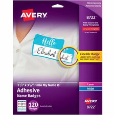 Avery&reg; Self-Adhesive Name Tags Hello My Name Is - 11" Height x 8 1/2" Width - Removable Adhesive - Rectangle - Laser, Inkjet - Matte - White - Film - Print-to-the Edge, Removable, Self-adhesive, Curl Resistant, Customizable - 8 / Sheet - 15 Total Shee