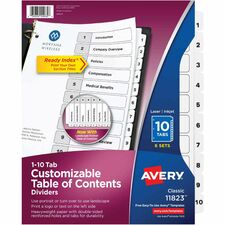 Avery&reg; Ready Index 10-tab Custom TOC Dividers 60 x Divider(s) - 1-10, Table of Contents - 10 Tab(s)/Set - 8.5" Divider Width x 11" Divider Length - 3 Hole Punched - White Paper Divider - White Paper Tab(s) - 6 / Pack