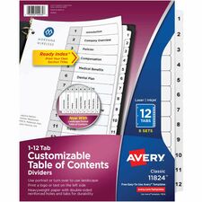 Avery&reg; Ready Index 12-tab Custom TOC Dividers 72 x Divider(s) - 1-12, Table of Contents - 12 Tab(s)/Set - 8.5" Divider Width x 11" Divider Length - 3 Hole Punched - White Paper Divider - White Paper Tab(s) - 6 / Pack