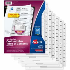 Avery&reg; Monthly Tab Table of Contents Dividers 72 x Divider(s) - Jan-Dec, Table of Contents - 12 Tab(s)/Set - 8.5" Divider Width x 11" Divider Length - 3 Hole Punched - White Paper Divider - White Paper Tab(s) - Hole-punched, Printable, Customizable, P