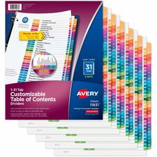 Avery&reg; Ready Index 31 Tab Dividers, Customizable TOC, 6 Sets 186 x Divider(s) - 1-31, Table of Contents - 31 Tab(s)/Set - 8.5" Divider Width x 11" Divider Length - 3 Hole Punched - White Paper Divider - Multicolor Paper Tab(s) - Hole-punched, Printabl