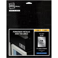 Avery&reg; PermaTrack Metallic Asset Tag Labels, 1-1/4" x 2-3/4" , 112 Asset Tags Waterproof - 1 1/4" Width x 2 3/4" Length - Permanent Adhesive - Rectangle - Laser - Glossy Silver - Silver - Film - PVC-free, Print-to-the Edge, Permanent Adhesive, Chemica