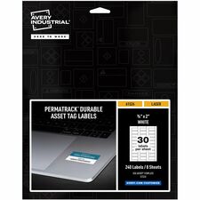 Avery&reg; PermaTrack Durable White Asset Tag Labels, 3/4" x 2" , 240 Asset Tags Waterproof - 3/4" Width x 2" Length - Permanent Adhesive - Rectangle - Laser - Matte White - Matte - Film - Water Resistant - 30 / Sheet - 30 Total Sheets - 240 Total Label(s