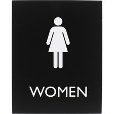 Lorell Women's Restroom Sign Print/Message "Women" - 6.4" Width x 8.5" Height - Rectangular Shape - Surface-mountable - Easy Readability, Braille - Plastic - Black - 1 Each