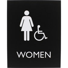 Lorell Women's Handicap Restroom Sign Print/Message "Women" - 6.4" Width x 8.5" Height - Rectangular Shape - Surface-mountable - Easy Readability, Braille - Plastic - Black - 1 Each