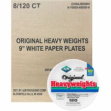 AJM 9" Original Heavyweight Plates Serving, Reheating - Disposable - Microwave Safe - 9" Diameter - White - Paper Body - 120/Pack - 8 / Carton