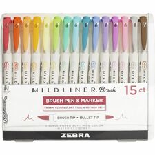 Zebra MILDLINER Dual Ended Brush Pen & Marker Set Medium Brush Pen Point - Fine Bullet Marker Point - Assorted Ink - Pigment-based - White Barrel - 15 / Pack