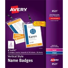 Avery&reg; Vertical Name Badges with Tickets Kit for Laser and Inkjet Printers, 4-1/4" x 6" PVC Plastic - White - 75 / Box