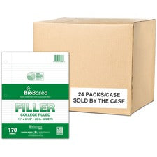 Roaring Spring BioBased Filler Paper 170 Sheets - 340 Pages - Printed - Spiral Bound - Both Side Ruling Surface - Red Margin - 3 Hole(s) - 20 lb Basis Weight - 75 g/m&#178; Grammage - 11" x 8 1/2" Sheet Size - 0.70" Height x 8.5" Width x 11" Length - Whit