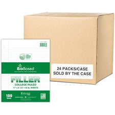 Roaring Spring BioBased Filler Paper 100 Sheets - 200 Pages - Printed - Ring - Both Side Ruling Surface - Red Margin - 3 Hole(s) - 20 lb Basis Weight - 75 g/m&#178; Grammage - 11" x 8 1/2" Sheet Size - 0.40" Height x 8.5" Width x 11" Length - White Paper