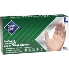 Safety Zone Powder Free Clear Vinyl Gloves 9.25" Glove Length - Large Size - Clear - Latex-free, DEHP-free, DINP-free, PFAS-free - For Food Preparation, Cleaning - 100/Box - 10 / Carton