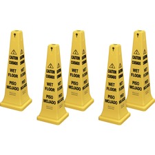 Rubbermaid Commercial 36" Safety Cone Spanish, English - Print/Message "Caution" , "Wet Floor" - 12.2" Width x 36" Height x 12.2" Depth - Cone Shape - Stackable, Sturdy - Plastic - Bright Yellow - 5 / Carton