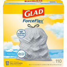 Glad ForceFlex Tall Kitchen Drawstring Trash Bags Fresh Clean with Febreze Freshness - 13 gal Capacity - 25.38" Length x 23.75" Width x 0.72 mil (18 Micron) Thickness - Drawstring Closure - White - Home, Office/ - 110 / Box
