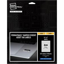Avery&reg; PermaTrack Tamper-Evident Asset Tag Labels, 1/2" x 1" , 672 Asset Tags Waterproof - 1/2" Width x 1" Length - Permanent Adhesive - Rectangle - Laser - White - Film - PVC-free, Print-to-the Edge, Permanent Adhesive, Durable, Chemical Resistant, C