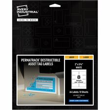 Avery&reg; PermaTrack Destructible Asset Tag Labels, 2" x 3-3/4" , 64 Asset Tags Waterproof - 2" Width x 3 3/4" Length - Permanent Adhesive - Rectangle - Laser - White - Film - PVC-free, Print-to-the Edge, Permanent Adhesive, Durable, Chemical Resistant,