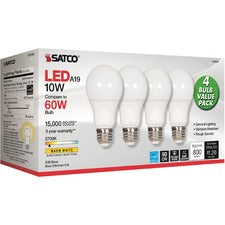 Satco 10W A19 LED 2700K Frosted Bulbs 10 W - 60 W Incandescent Equivalent Wattage - 120 V AC - 800 lm - A19 Size - Warm White Light Color - E26 Base - 15000 Hour - 2700&deg;K Color Temperature - 93 CRI - 220&deg; Beam Angle - 4 / Pack