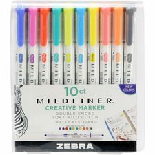 Zebra MILDLINER Dual Ended Creative Marker Fine Bullet, Bold Chisel Marker Point - Mild Lavender, Mild Spring Green, Mild Citrus Green, Mild Marigold, Mild Fuchsia, Mild Dark Gray, Mild Cyan, Mild Coral Pink, Mild Apricot, Mild Lemon Yellow Ink - Water Ba